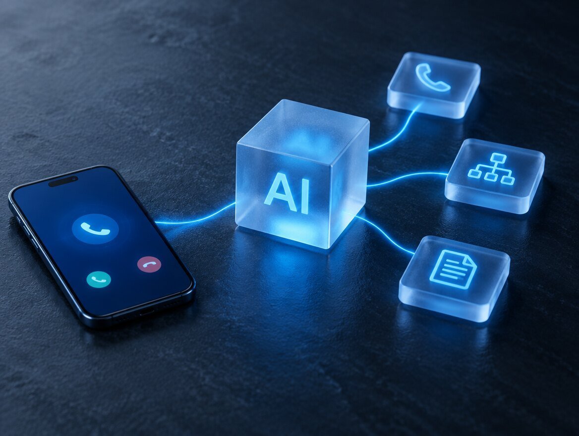 An incoming call on a mobile flowing into a glowing AI cube, which routes it to calls, workflows and documents