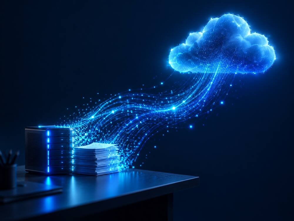 Office data flowing up into a glowing cloud