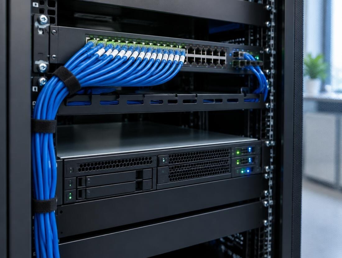 Neatly cabled network switch and server in a small office rack